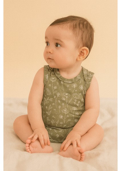 Pamuklu Bebek Çıtçıtlı Atlet Bahar Çiçekli Haki