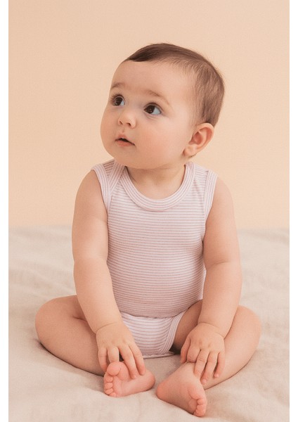 Pamuklu Bebek ÇıtÇıtlı Atlet Body Pembe Çizgili Zarf Yaka 0-36 ay