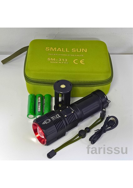 Small Sun SM-313 100W 1000 Lumen LED El Feneri - 1-1,5 Km Menzil, Ayarlanabilir Odak