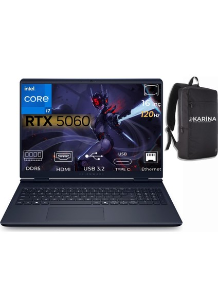Alienware 16 Aurora Intel Core 7-240H AC16250-C716156W-33 64GB 4tb+4tb RTX5060 8gb W11HOME 16 Inç 2k Wqxga 120Hz Wva Gaming Laptop