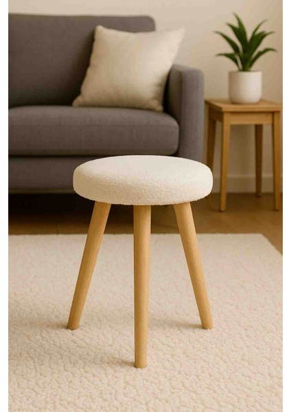 Gürgen Ahşap Retro Ayak Dekoratif Beyaz Pelüş Puf Tabure Bench Koltuk Sandalye