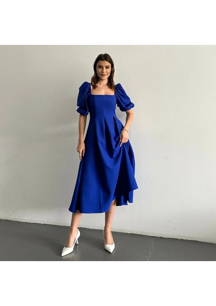 Karpuz Kol Kare Yaka Midi Elbise