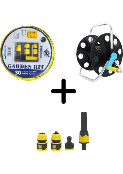 Bahçe Sulama Hortum Makarası Seti – 30 M Hortum + Sprey Başlık + Taşınabilir Makara