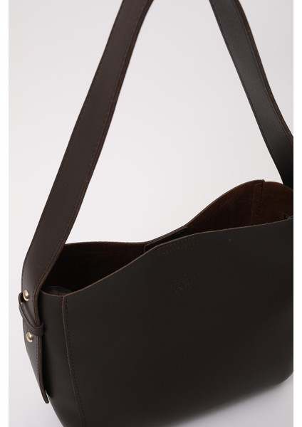 Kahve Rengi SHK185 Suni Deri Çıtçıtlı Standart Kol Askılı El, Kol ve Omuz Çantası