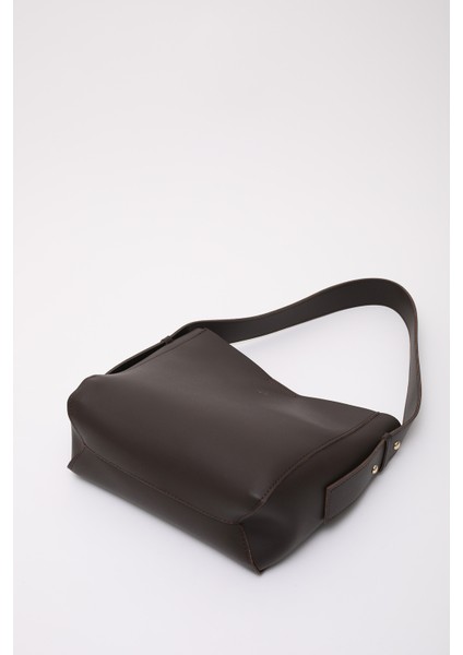 Kahve Rengi SHK185 Suni Deri Çıtçıtlı Standart Kol Askılı El, Kol ve Omuz Çantası