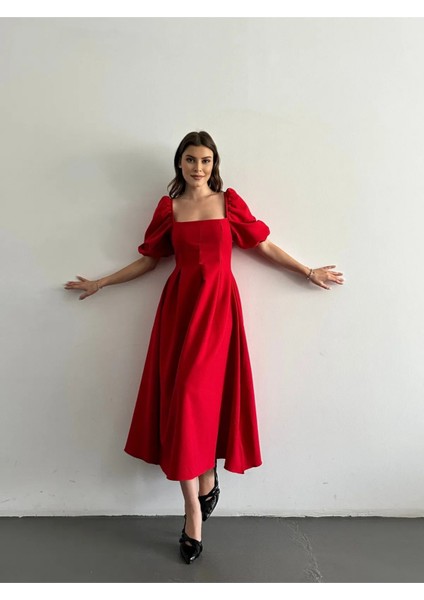 Karpuz Kol Kare Yaka Midi Elbise fiyatları