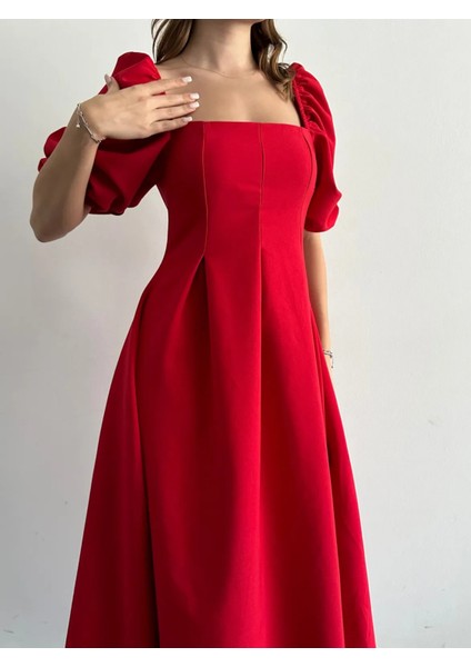 Karpuz Kol Kare Yaka Midi Elbise fırsatları