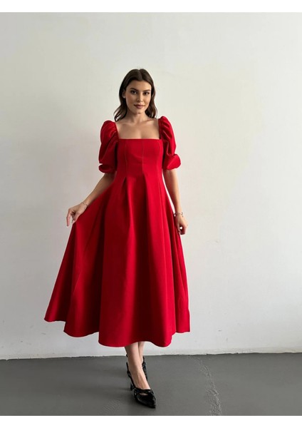 Karpuz Kol Kare Yaka Midi Elbise indirimleri