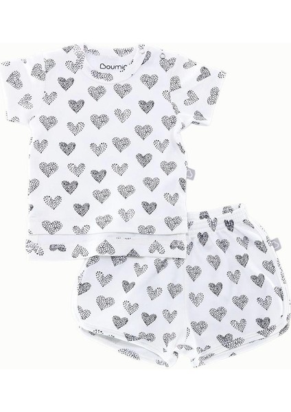 Bebek Çocuk Tişört Şort Takım Kalpler Beyaz