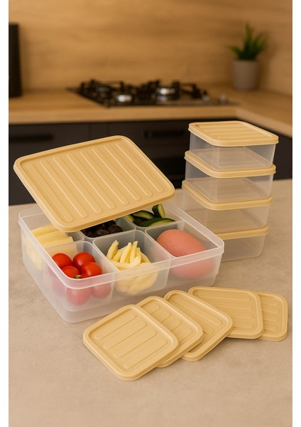 7’li Saklama Kabı Seti 1 Adet 2500 ml 6 Adet 250 ml Mikdrodalga Derin Dondurucu Saklama Kabı Krem modelleri