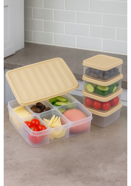 7’li Saklama Kabı Seti 1 Adet 2500 ml 6 Adet 250 ml Mikdrodalga Derin Dondurucu Saklama Kabı Krem