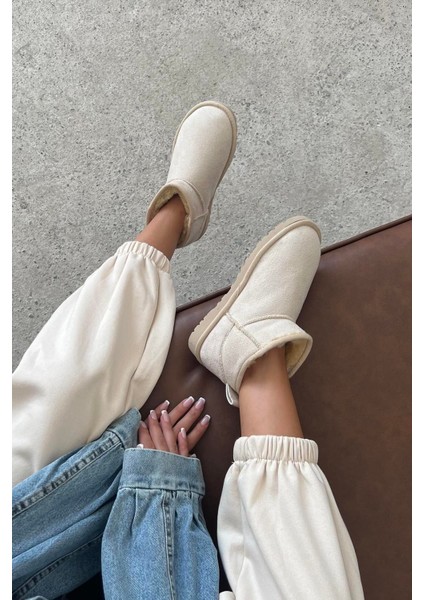 Mini Bej Süet Yarım Bot Içi Tüylü Düz Taban Kadın Ayakkabı fiyatları