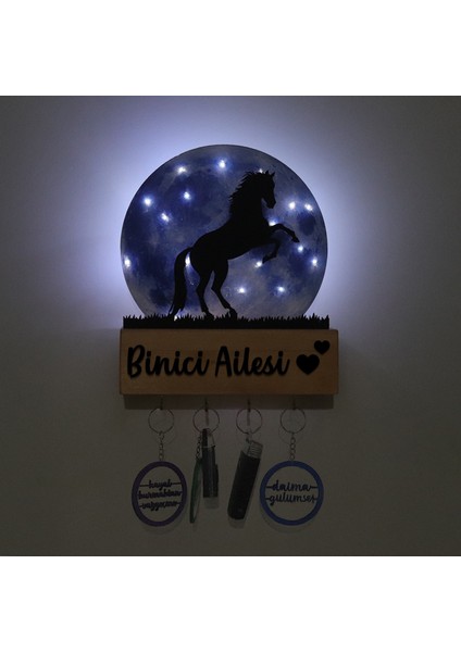 Işıklı Pleksi Dolunay Kişiselleştirilebilir Dekoratif Biblo Ahşap Sage At Anahtar Askılığı