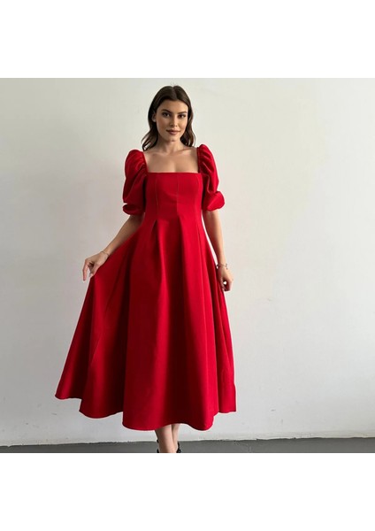 Karpuz Kol Kare Yaka Midi Elbise