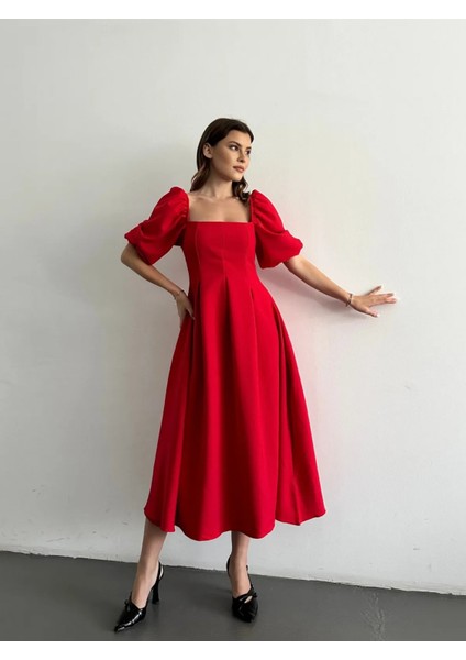 Karpuz Kol Kare Yaka Midi Elbise modelleri