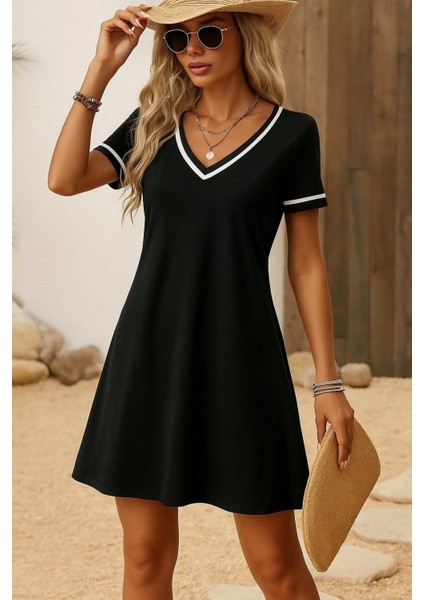 Kadın Kısa Kollu V Çizgili Yakalı Kısa Viskon Elbise