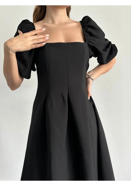 Karpuz Kol Kare Yaka Midi Elbise modelleri