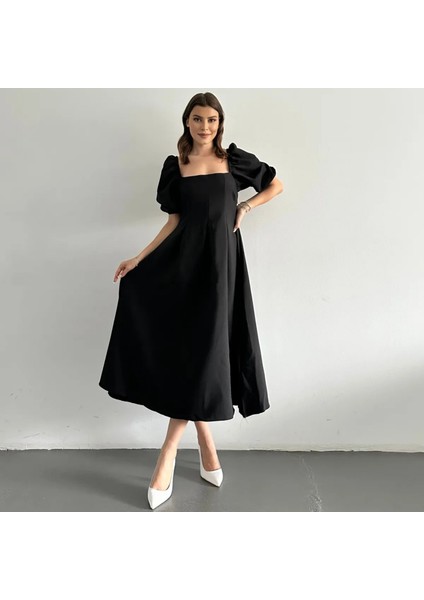 Karpuz Kol Kare Yaka Midi Elbise