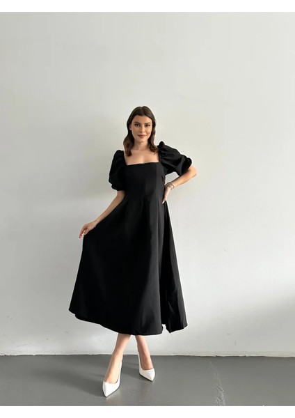 Karpuz Kol Kare Yaka Midi Elbise modelleri