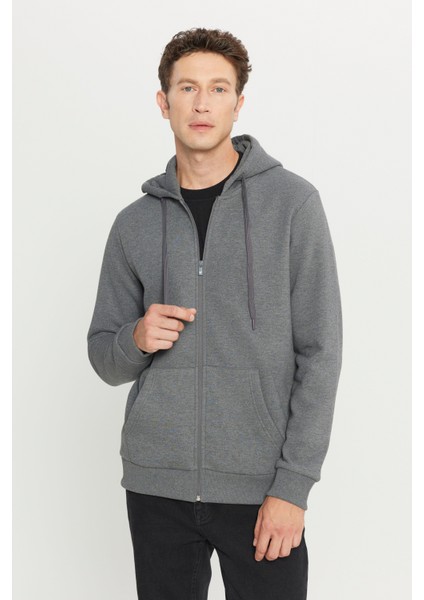 Erkek Antrasit-melanj Standart Fit Normal Kesim Kapüşonlu Fermuarlı Sweatshirt Ceket