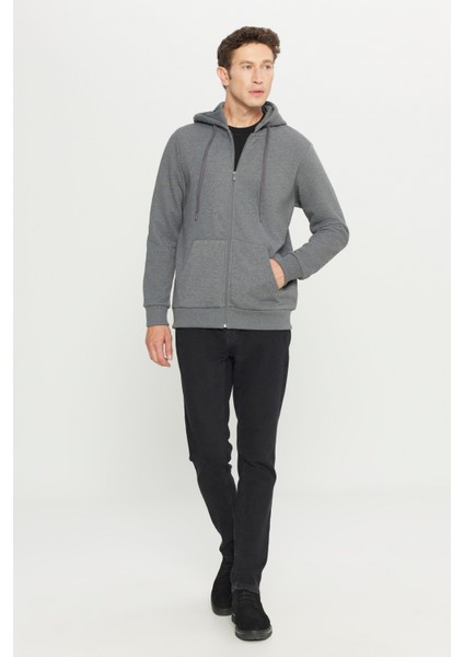 Erkek Antrasit-melanj Standart Fit Normal Kesim Kapüşonlu Fermuarlı Sweatshirt Ceket fiyatları