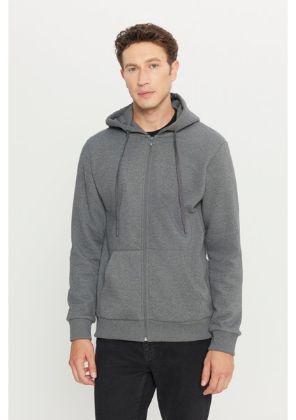 Erkek Antrasit-melanj Standart Fit Normal Kesim Kapüşonlu Fermuarlı Sweatshirt Ceket modelleri