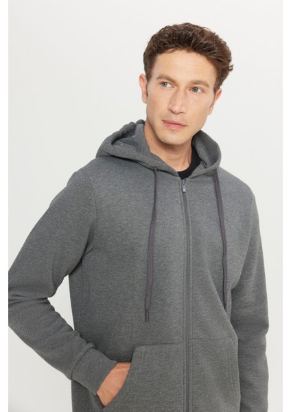Erkek Antrasit-melanj Standart Fit Normal Kesim Kapüşonlu Fermuarlı Sweatshirt Ceket fırsatları