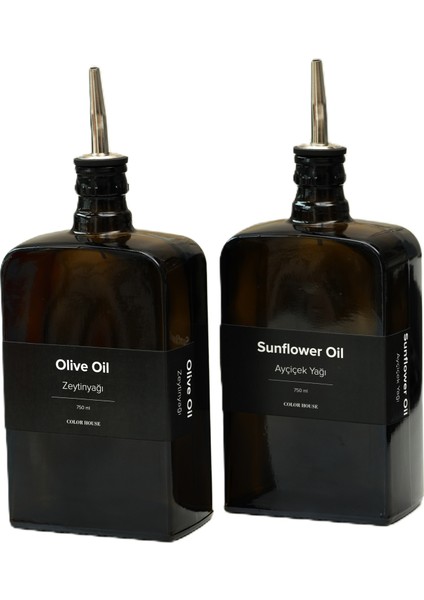 2'li 750 ml Yağdanlık Sosluk Sirkelik Zeytinyağı Şişesi Damlatmaz Kapak Siyah Koyu Cam-Siyah Etiket