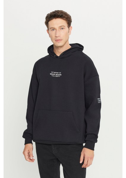 Erkek Siyah Oversize Fit Bol Kesim Kapüşonlu Içi Polarlı 3 Iplik Pamuklu Sweatshirt