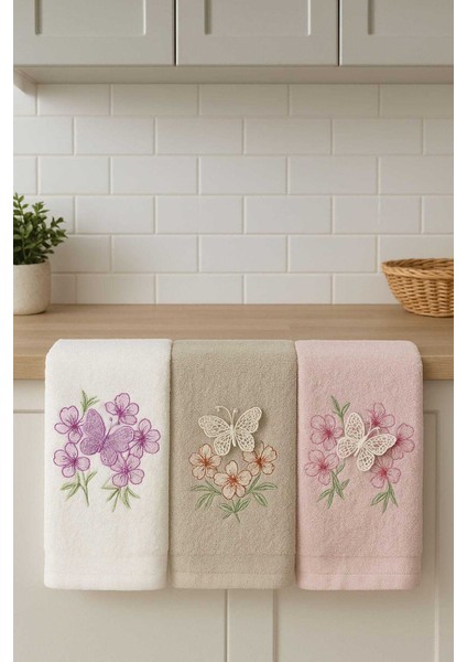 3lü Lüks &#37;100 Pamuklu Mutfak Havlusu Seti 3D Kelebek Aplikeli 30X50 cm fırsatları