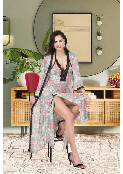 Izabel Kadın Üzün Ipeks Kumaşı Desanlı Sabahlık ve Gecelık