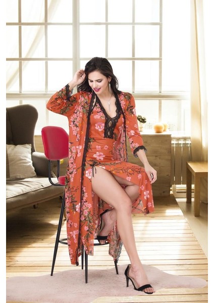 Izabel Kadın Üzün Ipeks Kumaşı Desanlı Sabahlık ve Gecelık