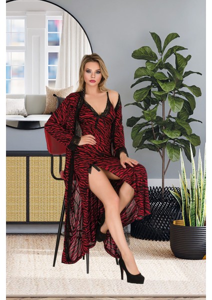 Izabel Kadın Üzün Ipeks Kumaşı Desanlı Sabahlık ve Gecelık