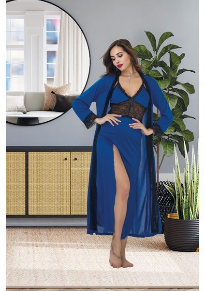 Izabel Kadın Üzün Ipeks Kumaşı Desanlı Sabahlık ve Gecelık