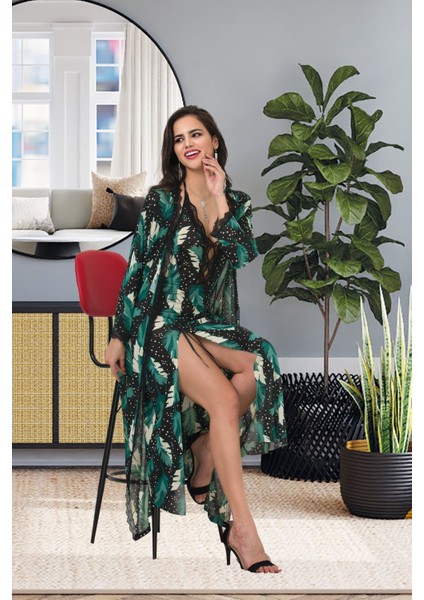 Izabel Kadın Üzün Ipeks Kumaşı Desanlı Sabahlık ve Gecelık