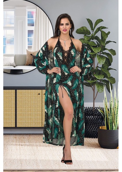 Izabel Kadın Üzün Ipeks Kumaşı Desanlı Sabahlık ve Gecelık fiyatları