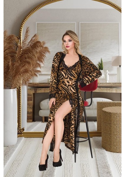 Izabel Kadın Üzün Ipeks Kumaşı Desanlı Sabahlık ve Gecelık