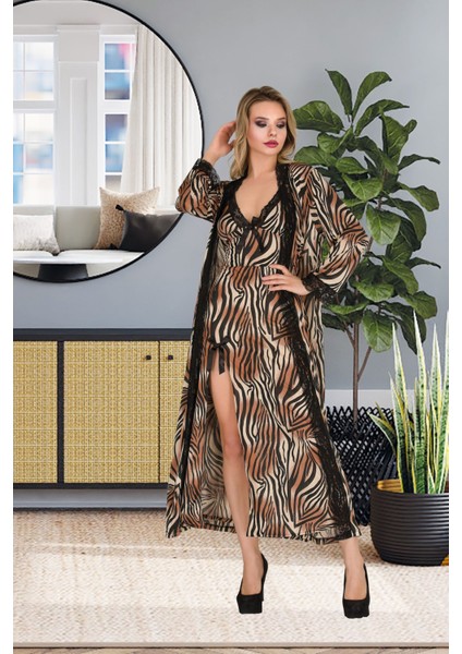 Izabel Kadın Üzün Ipeks Kumaşı Desanlı Sabahlık ve Gecelık