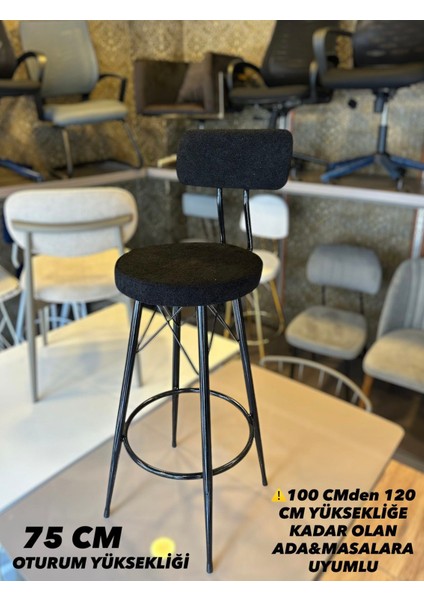 Yeni Teddy Kumaş Mila Bar Sandalyesi Siyah.75 cm Oturum Yüksekliği