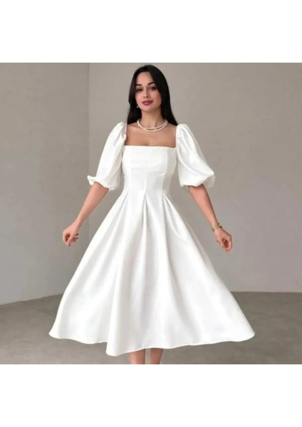 Karpuz Kol Kare Yaka Midi Elbise