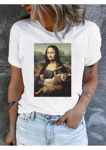 Mona Lisa & Kedi Poz Baskılı Kadın T-Shirt