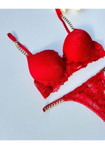 Beyaz Gelincik Underwear Gold Night Kadın Kırmızı Dantelli Zincir Detaylı Balenli Destekli Dolgulu Sütyen Takımı Iç Çamaşırı Takımı