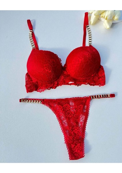 Beyaz Gelincik Underwear Gold Night Kadın Kırmızı Dantelli Zincir Detaylı Balenli Destekli Dolgulu Sütyen Takımı Iç Çamaşırı Takımı fiyatları