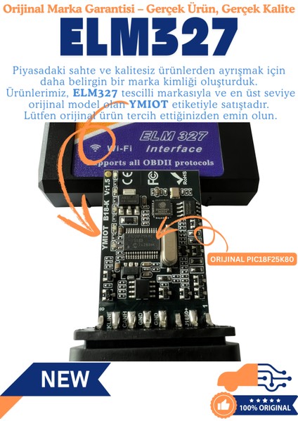 ELM327 V1.5 WiFi Türkçe Araç Arıza Tespit Cihazı OBD2 - Orijinal PIC18F25K80 Çipli, IOS / Android / Windows Uyumlu