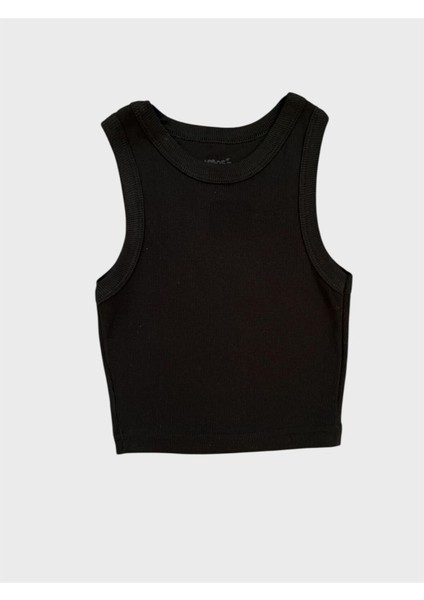 Kız Çocuk %100 Pamuklu Kumaş Siyah Renk Fitilli Sıfır Kol Crop