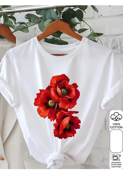 Gelincik Çiçeği Baskılı Kadın T-Shirt