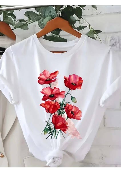 Gelincik Çiçeği Baskılı Kadın T-Shirt