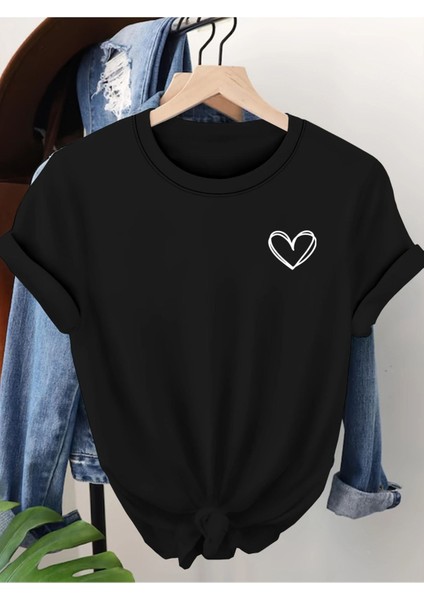 Kalp Minimal Baskılı Kadın Pamuk T-Shirt