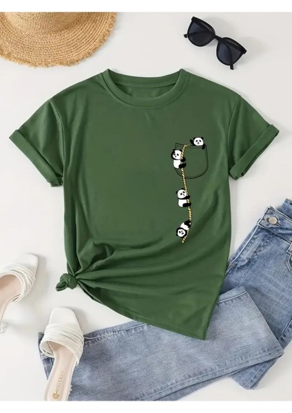 Tırmanan Pandalar Baskılı Kadın Pamuk T-Shirt