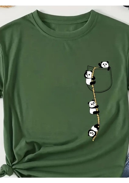 Tırmanan Pandalar Baskılı Kadın Pamuk T-Shirt fiyatları